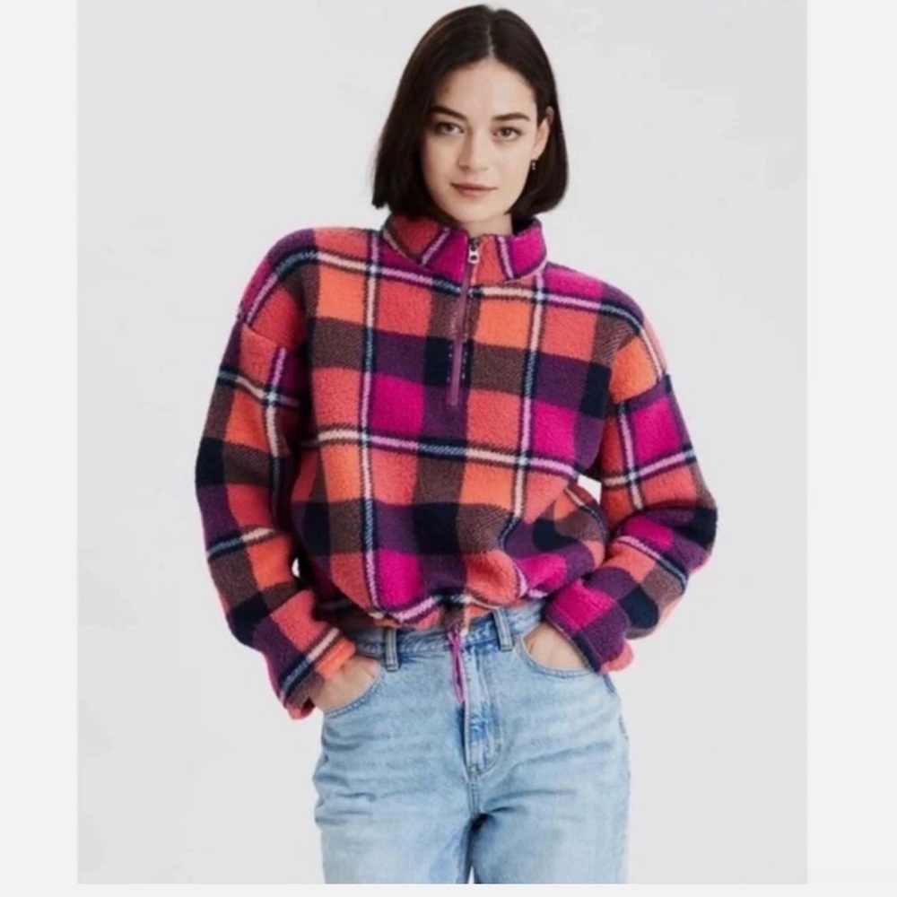 American Eagle Plaid Sherpa Fleece Pullover Size L Cozy 1/4 Zip Jacket